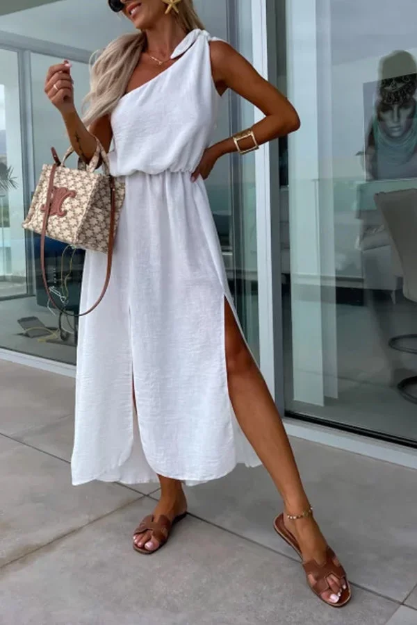Bayside Beauty One Shoulder Slit Relaxed Midi Dress