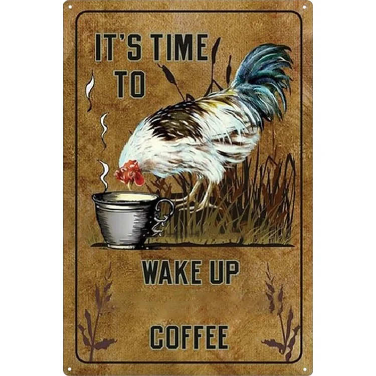Poulet - il est temps de se réveiller café vintage enseignes en étain / panneaux en bois - 7.9x11.8in & 11.8x15.7in