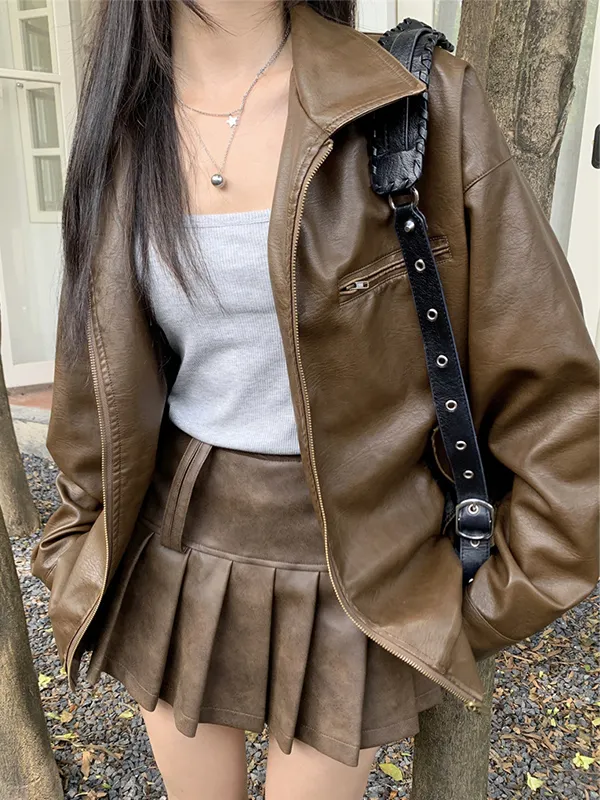 Vintage Brown Lapel Neck Zip Up Leather Jacket
