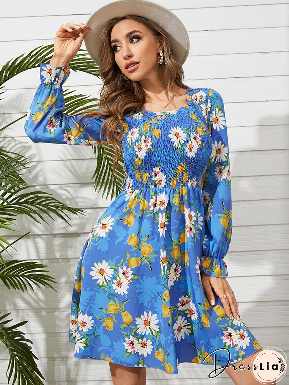 Flower Print Shirred Crew Neck Long Sleeve Dress