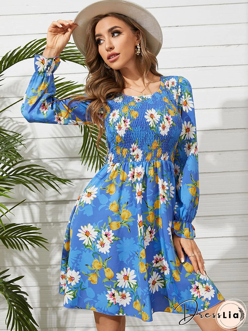 Flower Print Shirred Crew Neck Long Sleeve Dress