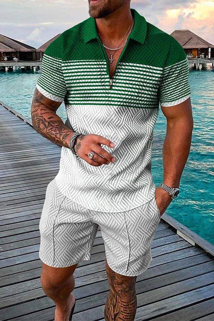Tiboyz Striped Short Sleeve Polo Shirt And Shorts Two Piece Set