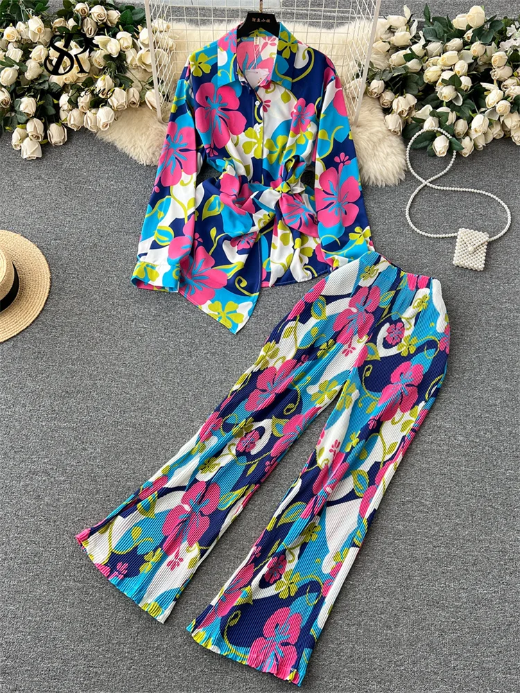 Huibahe Autumn Print Suits Single Breasted Cardigan Bow Irregular Blouse+Pleated Wide Leg Long Pants Women Senior Vintage Sets