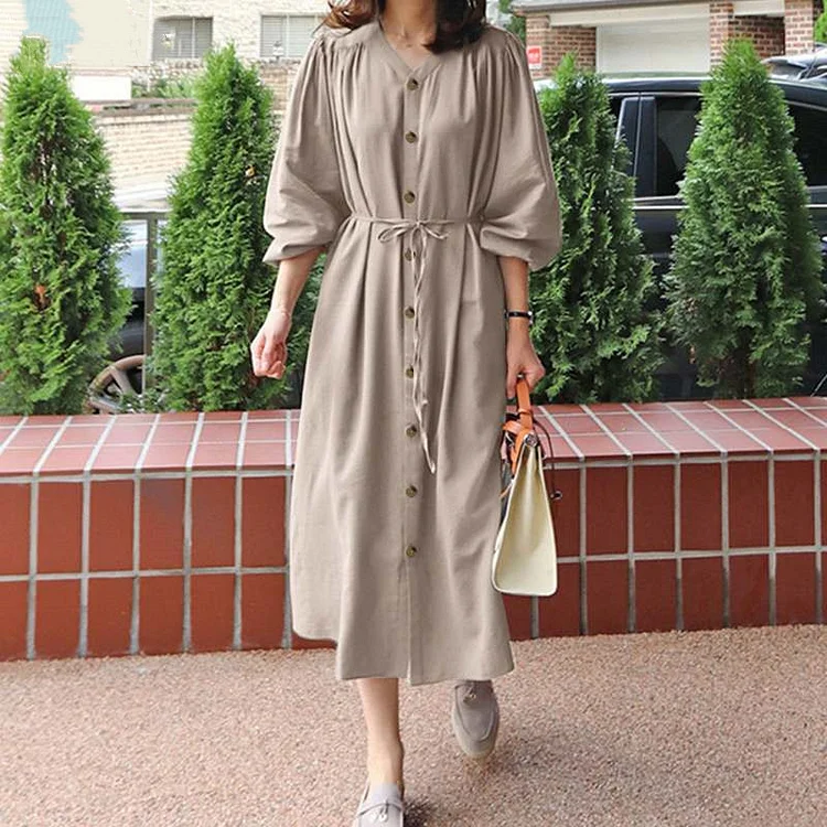 Women's 2024 Casual Dress Cotton Linen V Neck Long Sleeve Single Breasted Maxi Dress