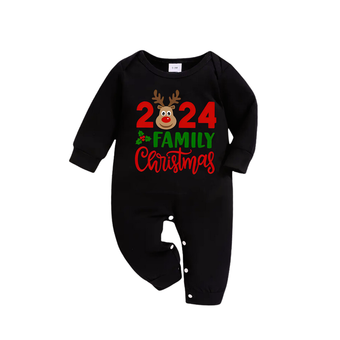 "Family Christmas 2024" Text and Deer Printed Red and Green Plaid Family Matching Pajamas