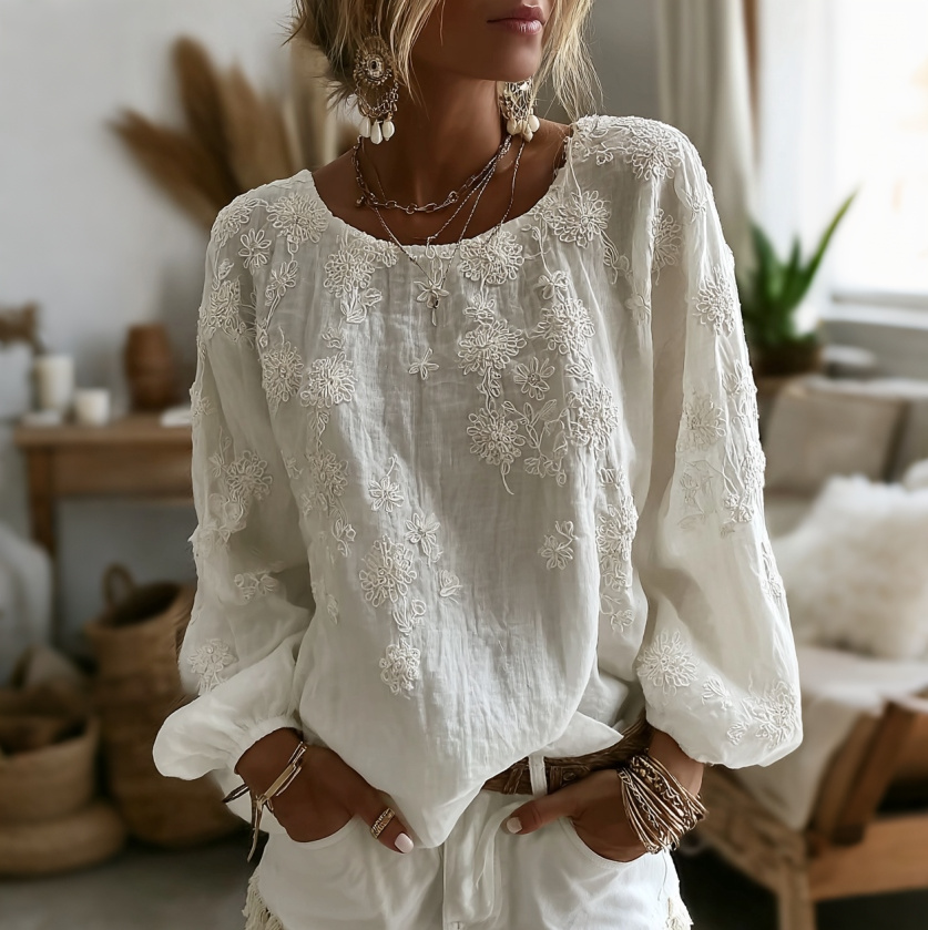 Vintage Floral Art Embroidered Casual Crew Neck Linen Tops elevenforest