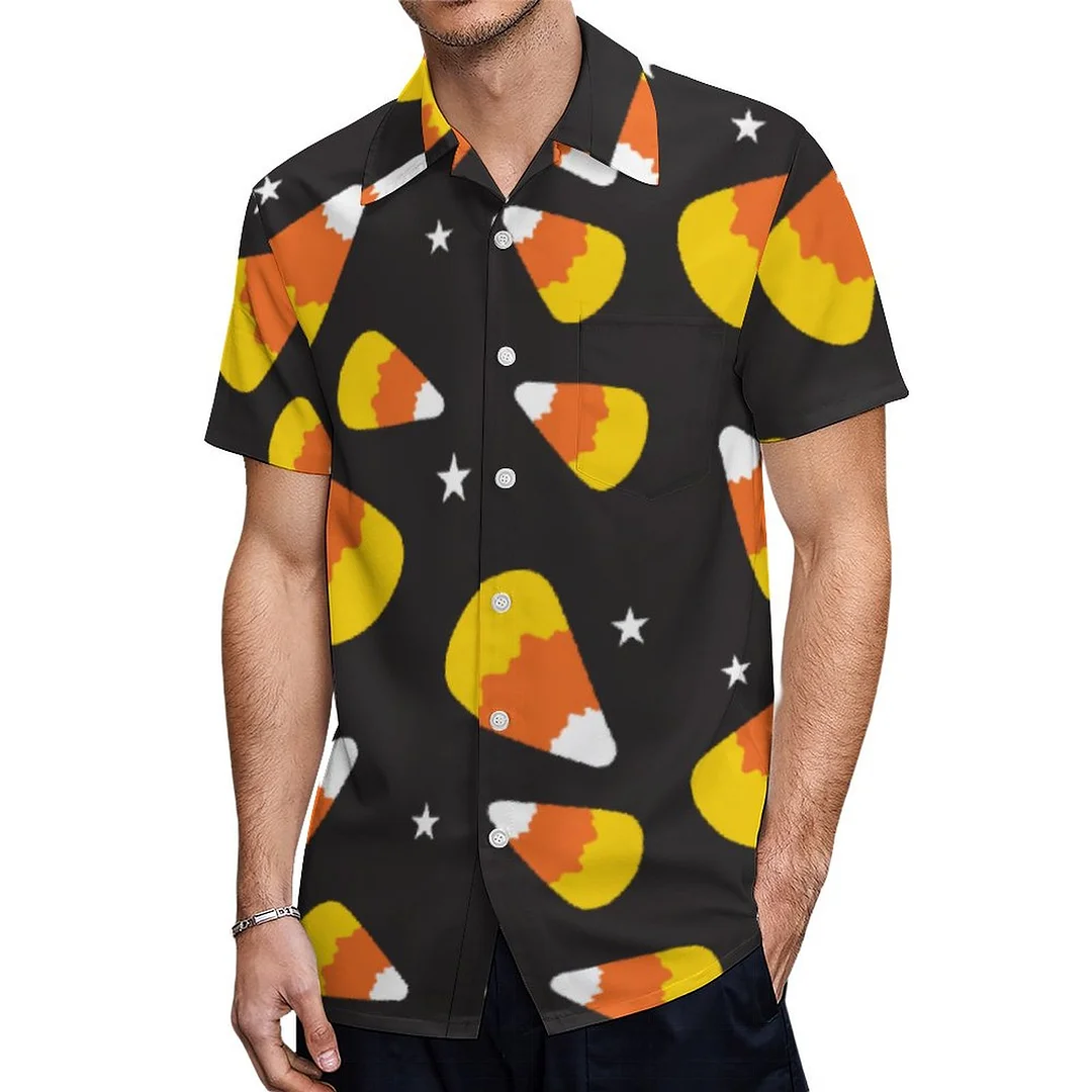 Short Sleeve Halloween Candy Corn On Black Hawaiian Shirt Mens Button Down Plus Size Tropical Hawaii Beach Shirts