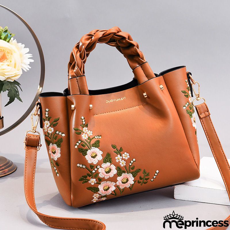 Women Vintage Flower Design Graphic Pattern Solid Color Large Capacity Shoulder Handle Bag