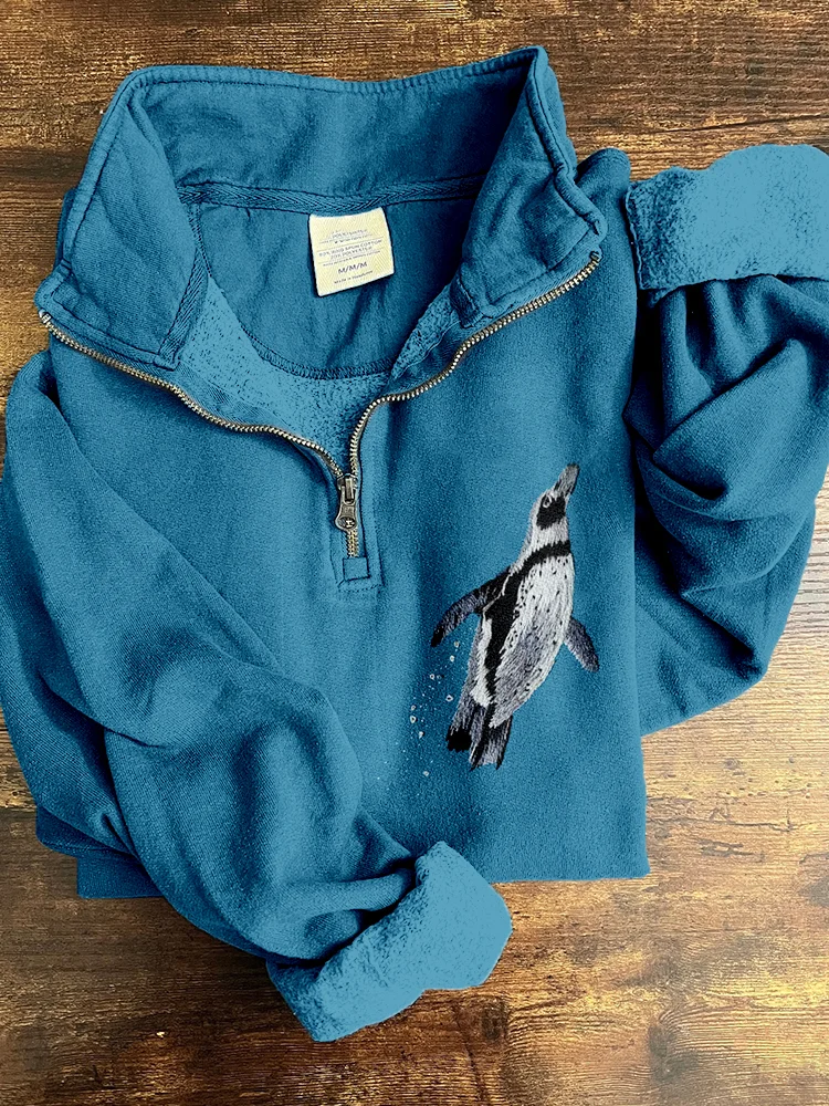 Lovely Penguin Embroidery Art Vintage Zip Up Sweatshirt