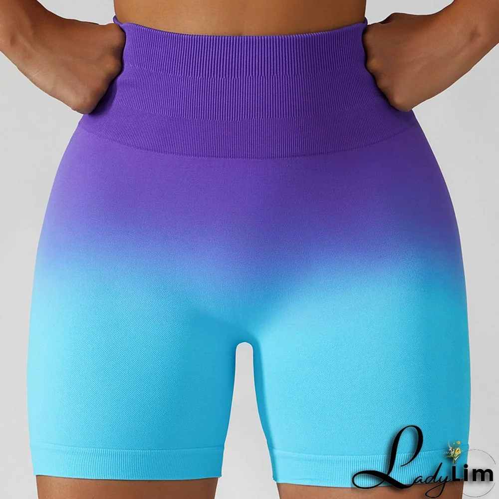 Purplish Blue Fashion Casual Sportswear Gradual Change Print Patchwork Tight High Waist Shorts