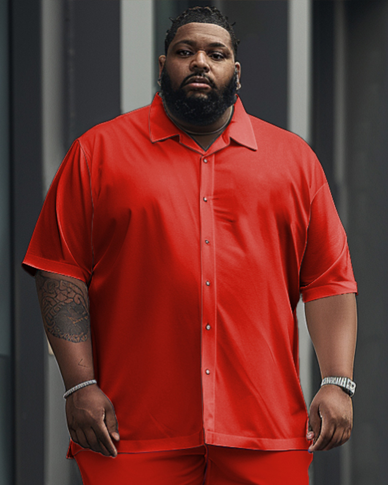 Big Men's Solid Color Red Short Sleeve Shirt Trousers Set
