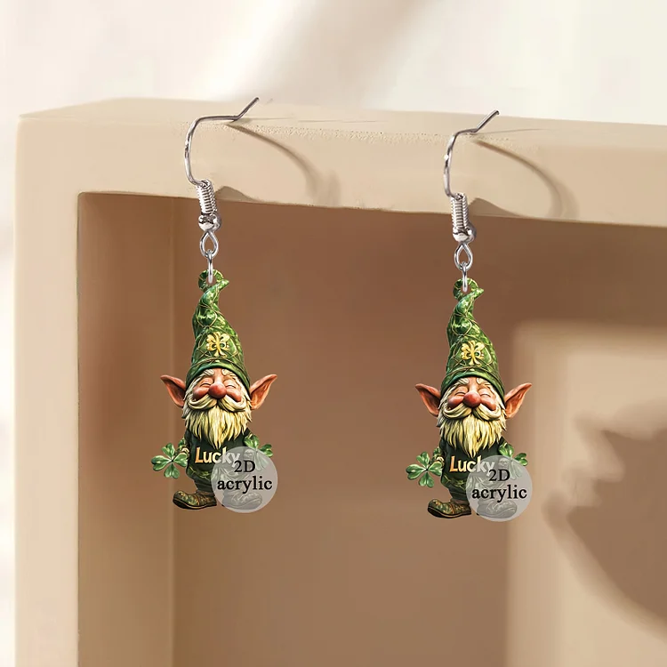 Green Hat Lucky Gnome Dangle Earrings