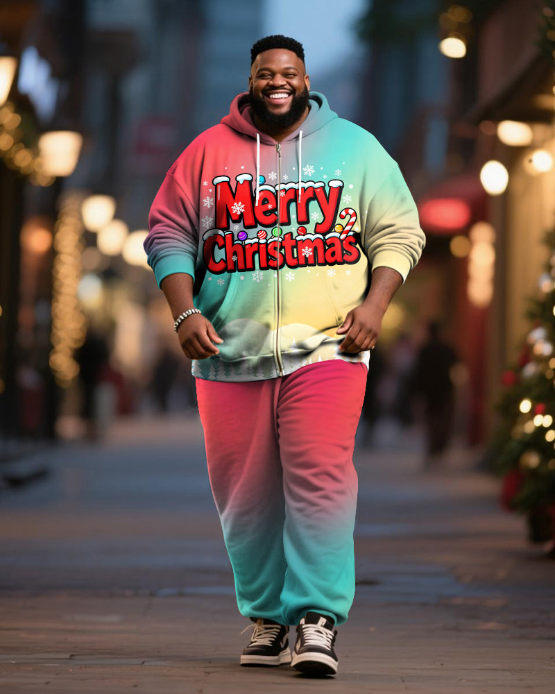 Big & Tall Men's Merry Christmas Gradient Alphabet Print Cardigan Hoodie Suit