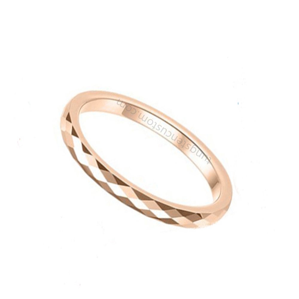 2mm Couples Rose Gold Wedding Band Multi Faceted Tungsten Tail rings