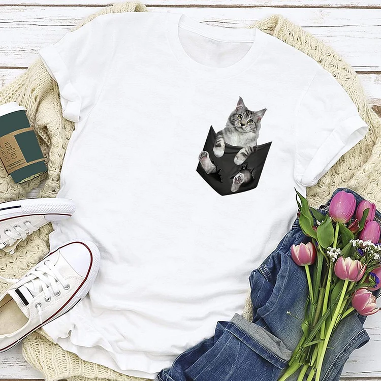 Cute pocket cat T-shirt Tee -01485-Annaletters