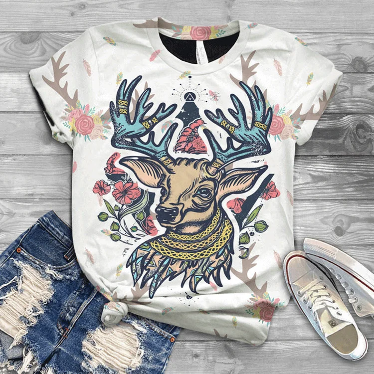 Christmas White Elk Print Casual Trend T-Shirt