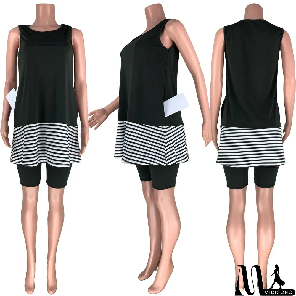 MidiSono - Casual Stripe Patchwork Sleeveless 2 Piece Shorts Set