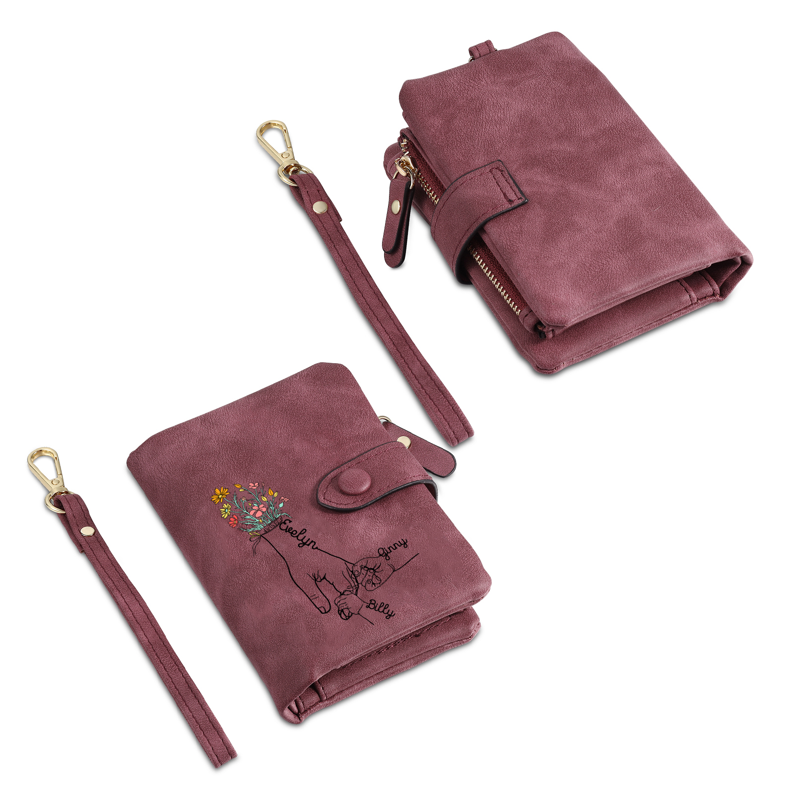 Portafoglio in PU pelle fiore mano con 3 nomi personalizzati per mamma/nonna