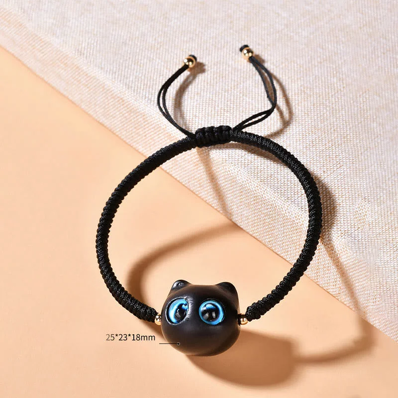 Ebony Wood Cat Head Pattern Peace King Kong Knot Braided Bracelet