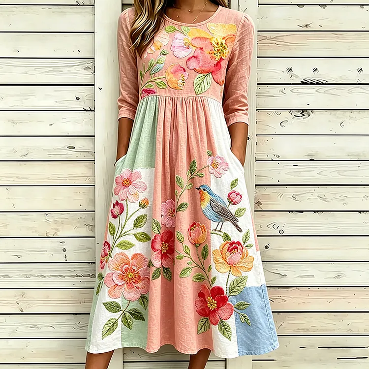 Women's Floral And Bird Embroidery Patchwork Art Comfortable Cotton Linen Dress