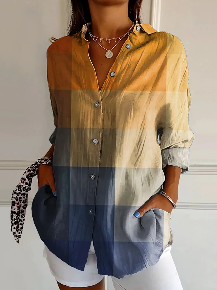 Women's Blue Yellow Gradient Mosaic Abstract Art Print Casual Cotton Shirt