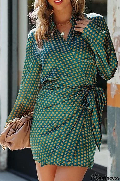 Fashion Chic Polka-dot Printed  Lace Up Long Sleeve Slim Dress
