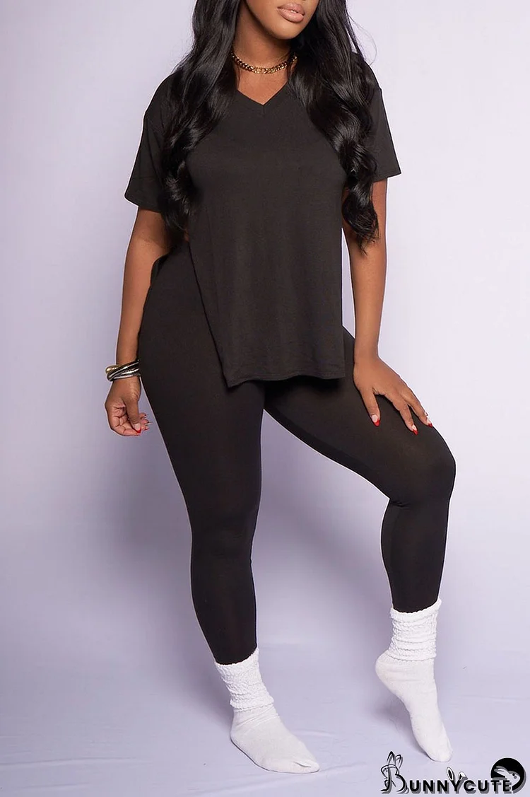 Black Casual Solid Split Joint Slit V Neck Short Sleeve Two Pieces