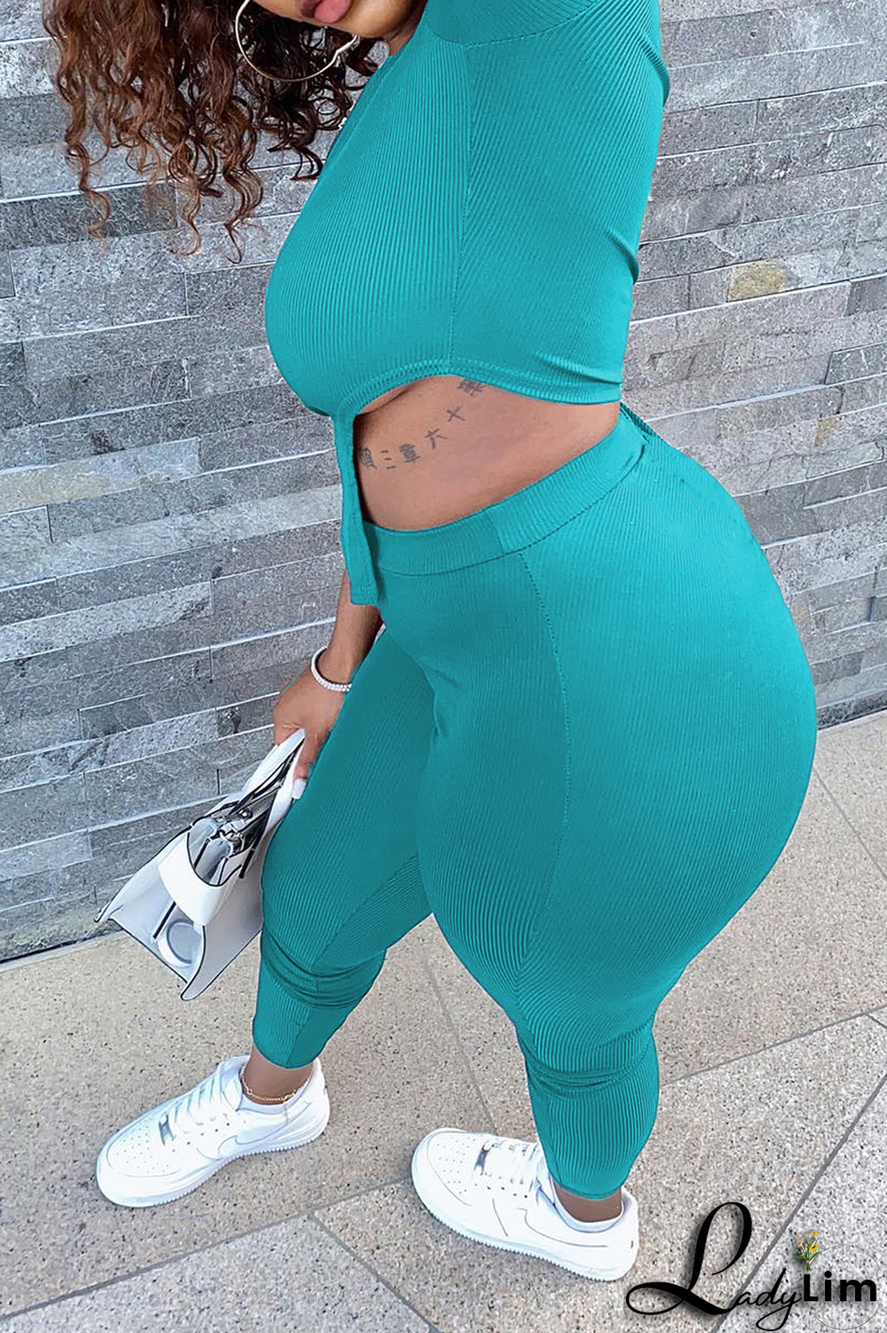 Black Sexy Solid Split Joint One Shoulder Three Quarter Two Pieces