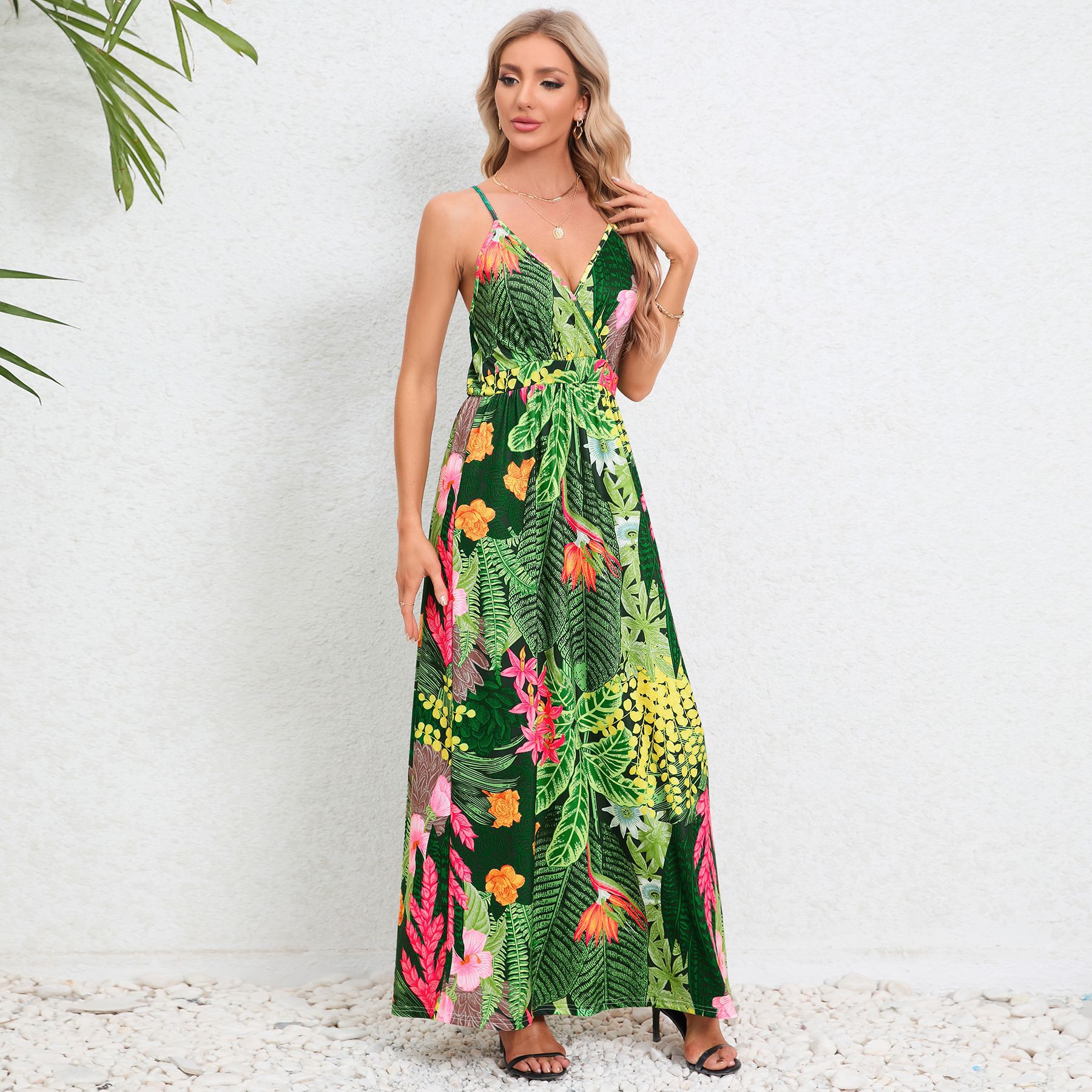 Women's Tropical Plants Strap Backless Long Dress | ARKGET