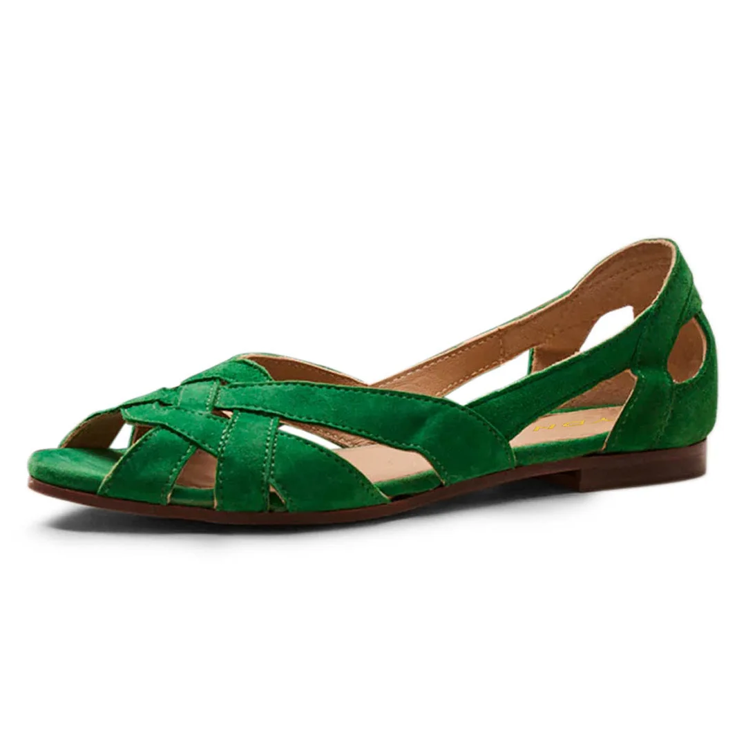 Green Vegan Suede Peep Toe Woven Details Sandal Flat Shoes Women