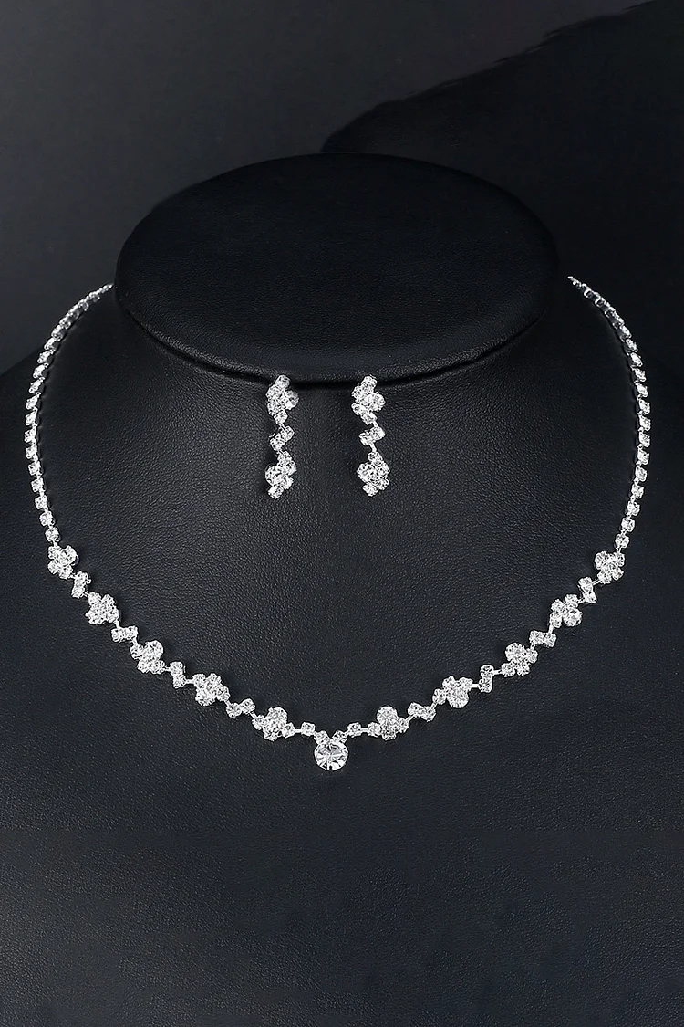 Irregular Rhinestone Elegant Necklace Dangle Earrings Jewelry Set-Silver