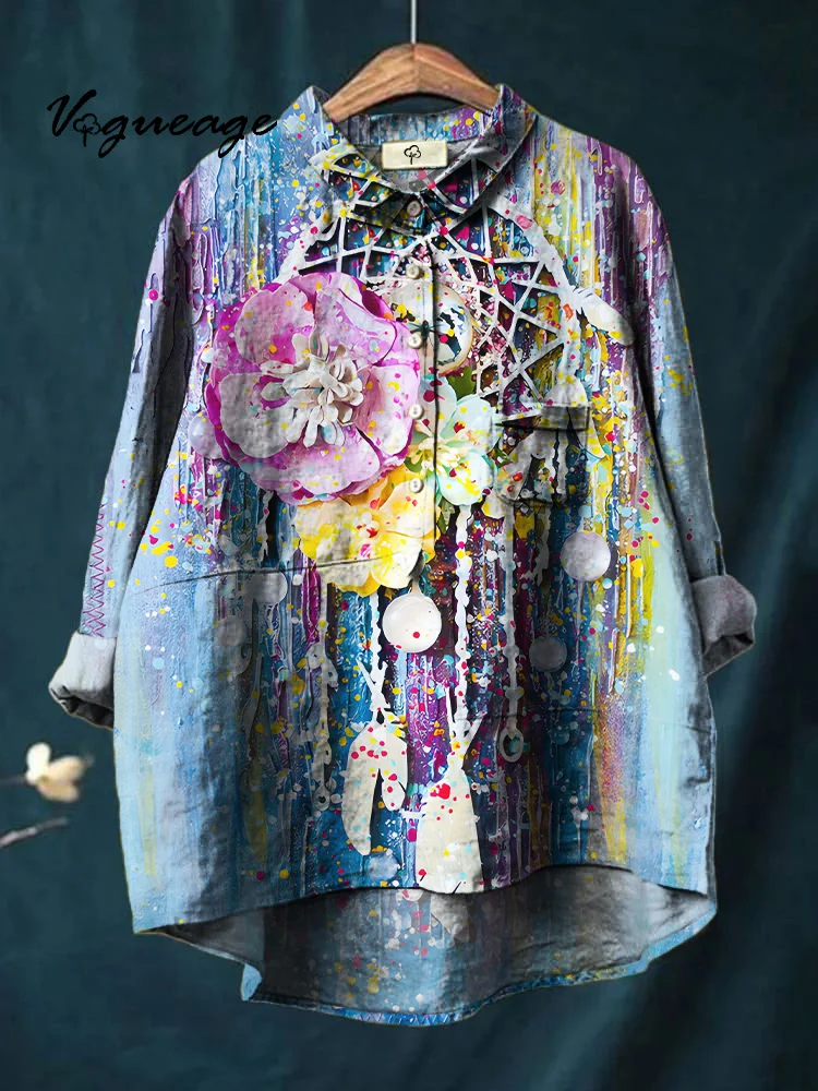 Vivid Charming And Exquisite Flowers Printed Cotton And Linen Shirt