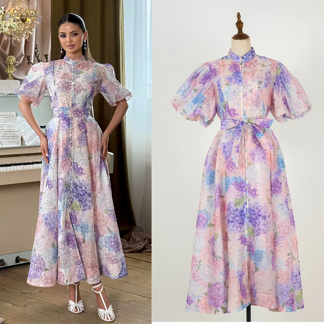 Nigikala Nigikala Court Style High Design Feeling Heavy Industry Nail Drill Short Sleeve Single Buckle Dress + Sling