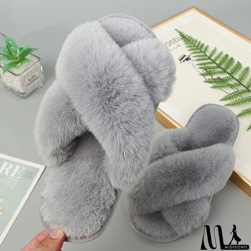 MidiSono - Faux Fur Crisscross Strap Slippers