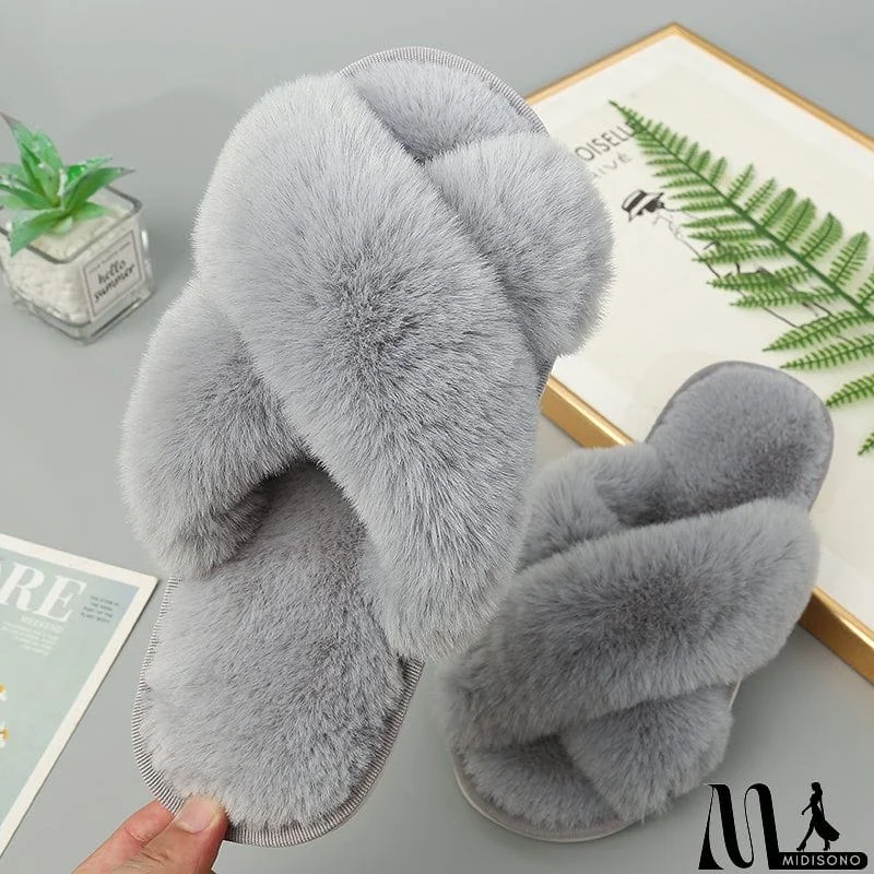 MidiSono - Faux Fur Crisscross Strap Slippers