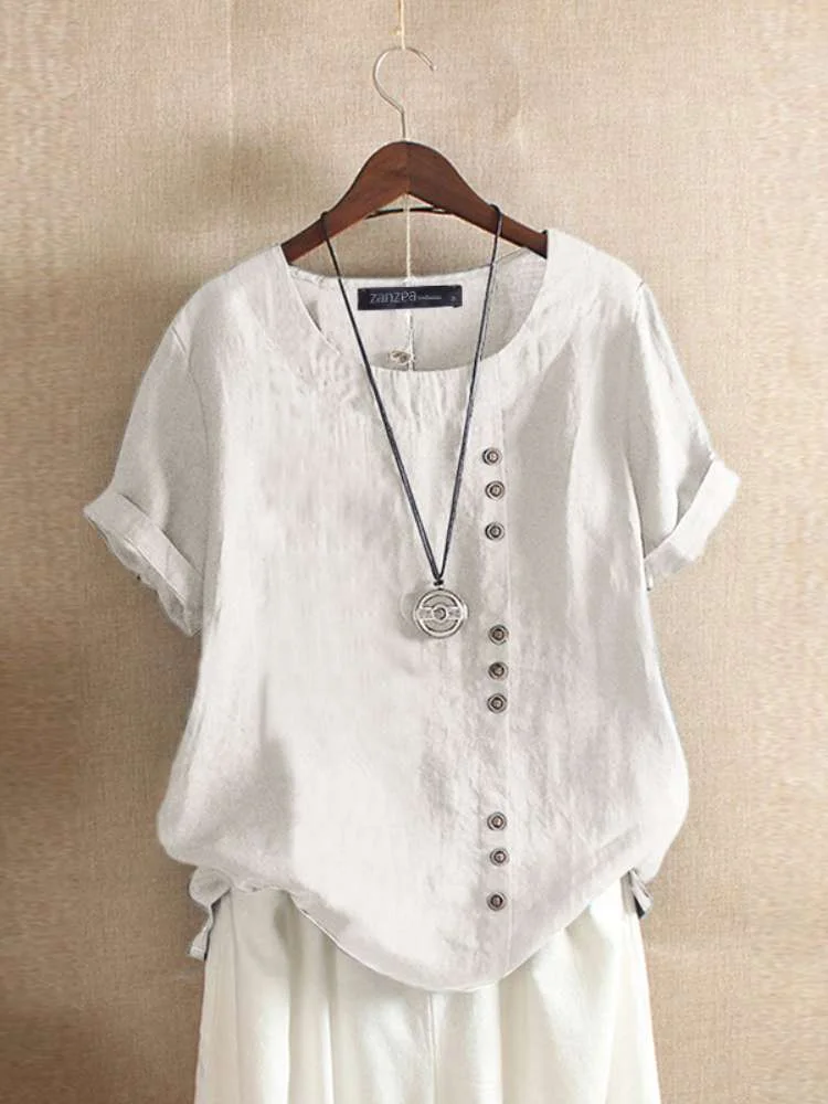 ZANZEA Summer O Neck Short Sleeve Blouse Women Cotton Linen Shirt Casual Loose Buttons Tops Femininas Blusas Work Top Chemise
