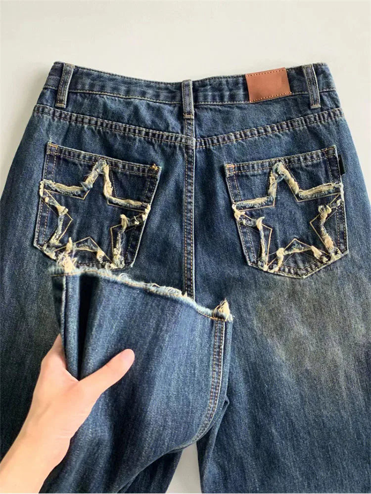 Aiertu Women's Blue Wide Leg Jeans Star Pocket Vintage Straight Pants High Waist Baggy Streetwear Casual Denim Trouser Ladies New Aiertu