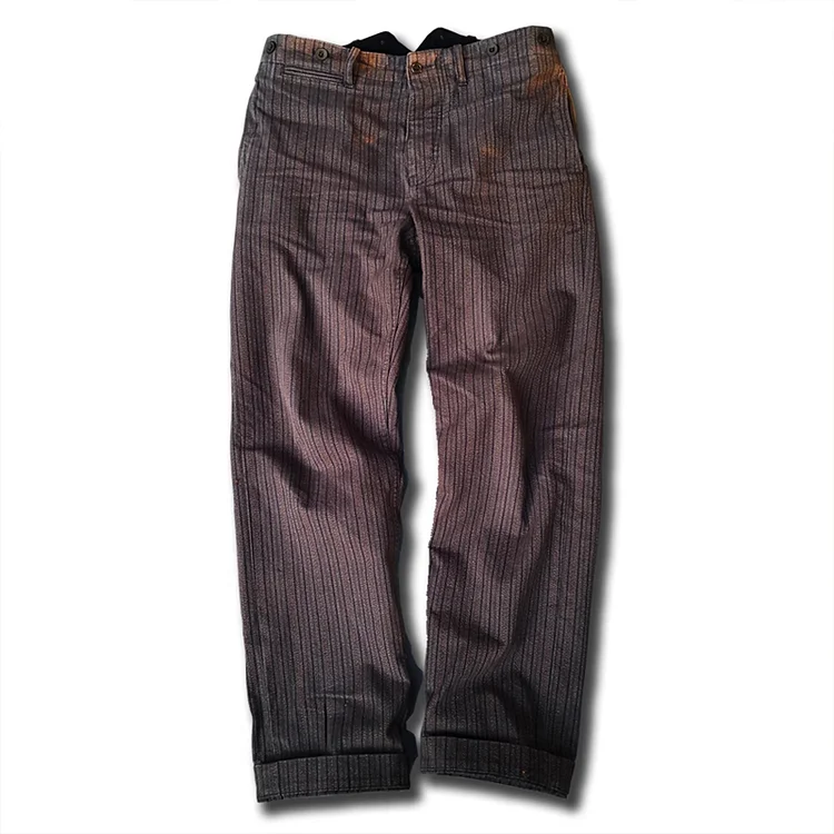 Retro Heavyweight Cotton High-Waisted Straight-Leg Striped Cargo Pants