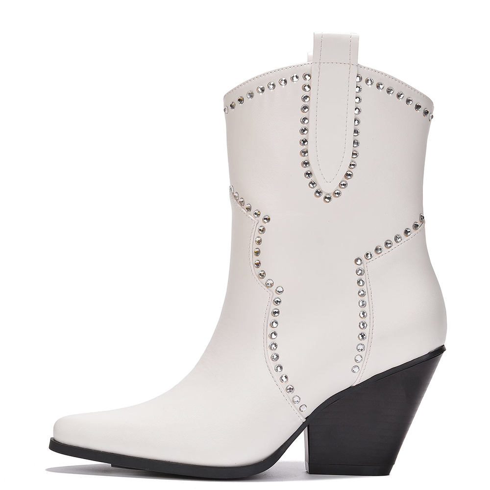 White Closed Toe Chunky Heel Ankle Boots Nicepairs