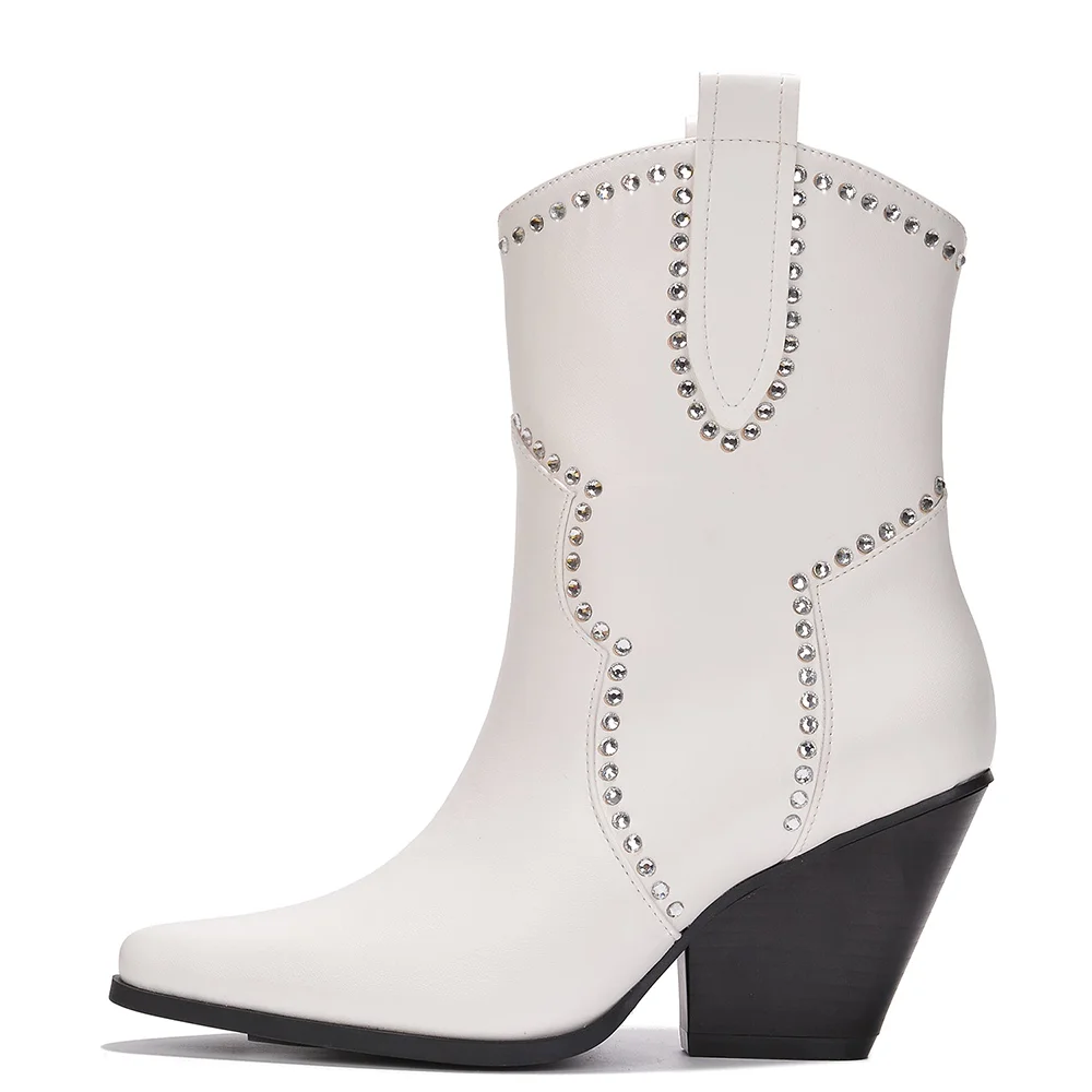 White Closed Pointed Toe Ankle Boots With Chunky Heels Nicepairs