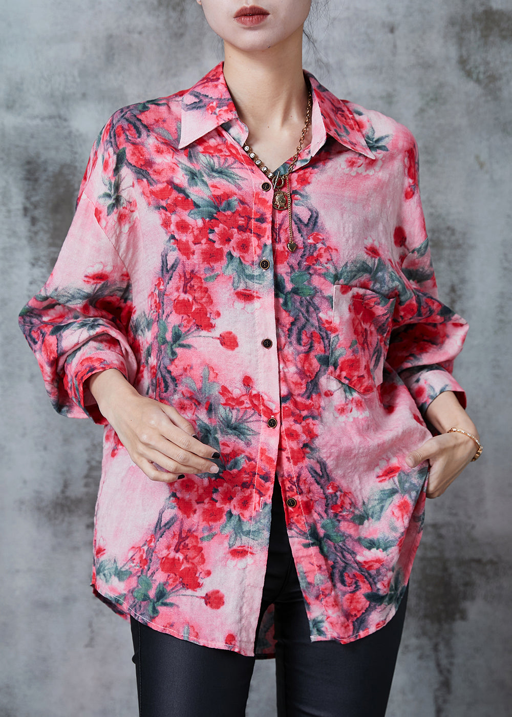 VCSHOES Red Plum Blossom Print Cotton Shirt Top Spring