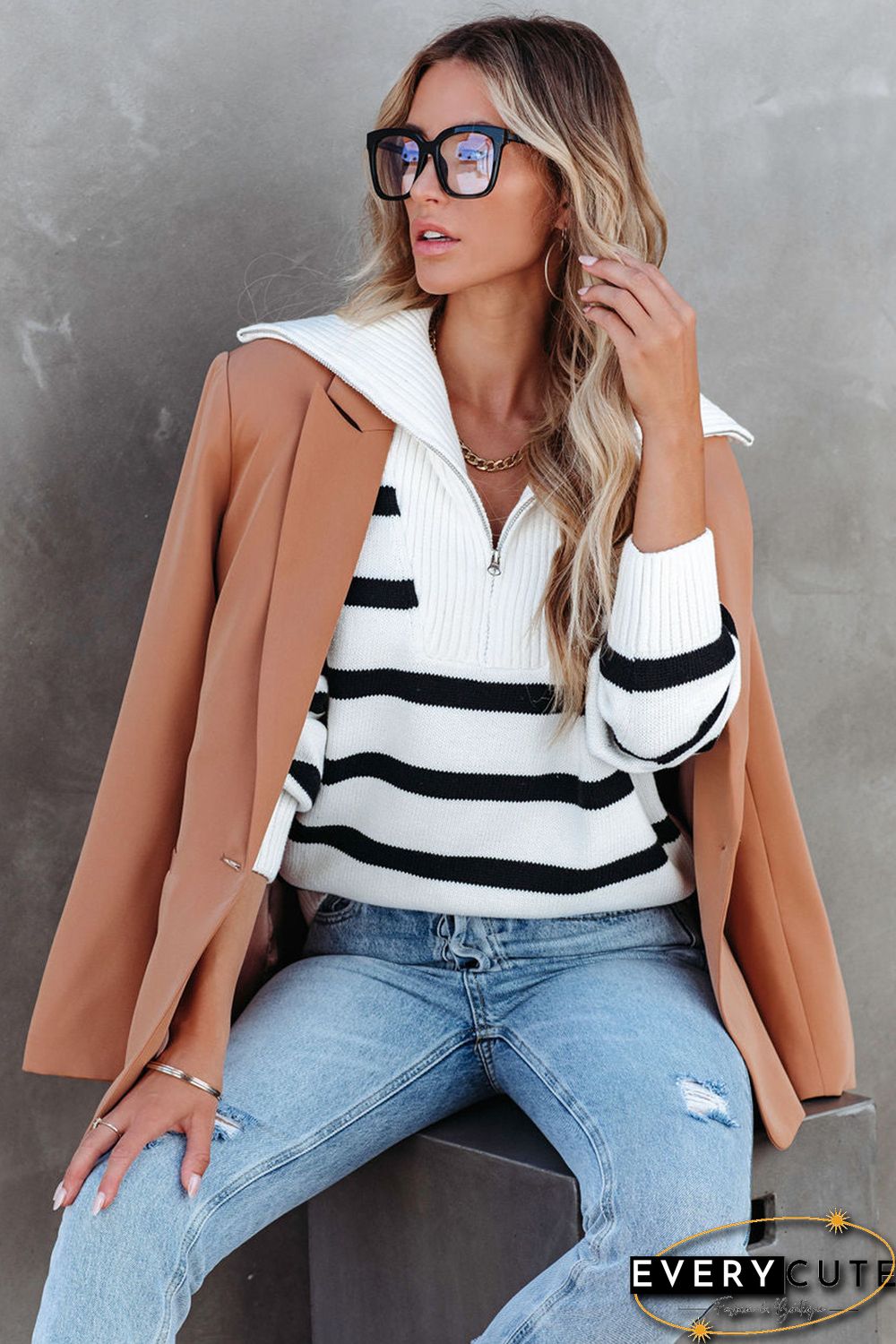 White Sailor Collar Striped Knit Pullover Sweater