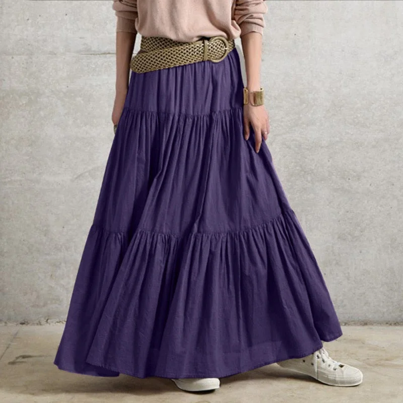 ZANZEA Stylish Women Spring Skirts Vintage Elastic Waist Faldas Saia Female Ruffles Maxi Sundress Casual Jupe Solid Long Skirt