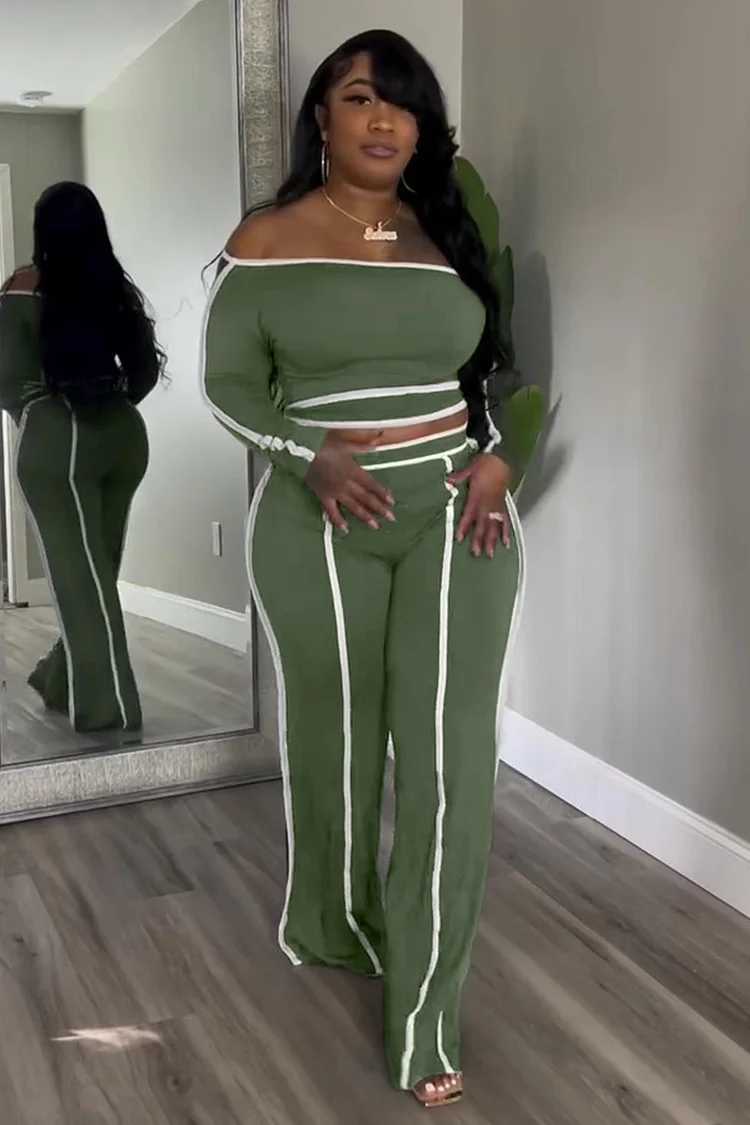 Off Shoulder Top Colorblock Edge High-Rise Pants 2pcs Set-Green [Pre Order]