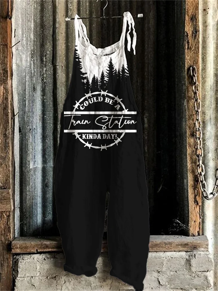 Western Train Station Dark Forest Contrast Jumpsuit