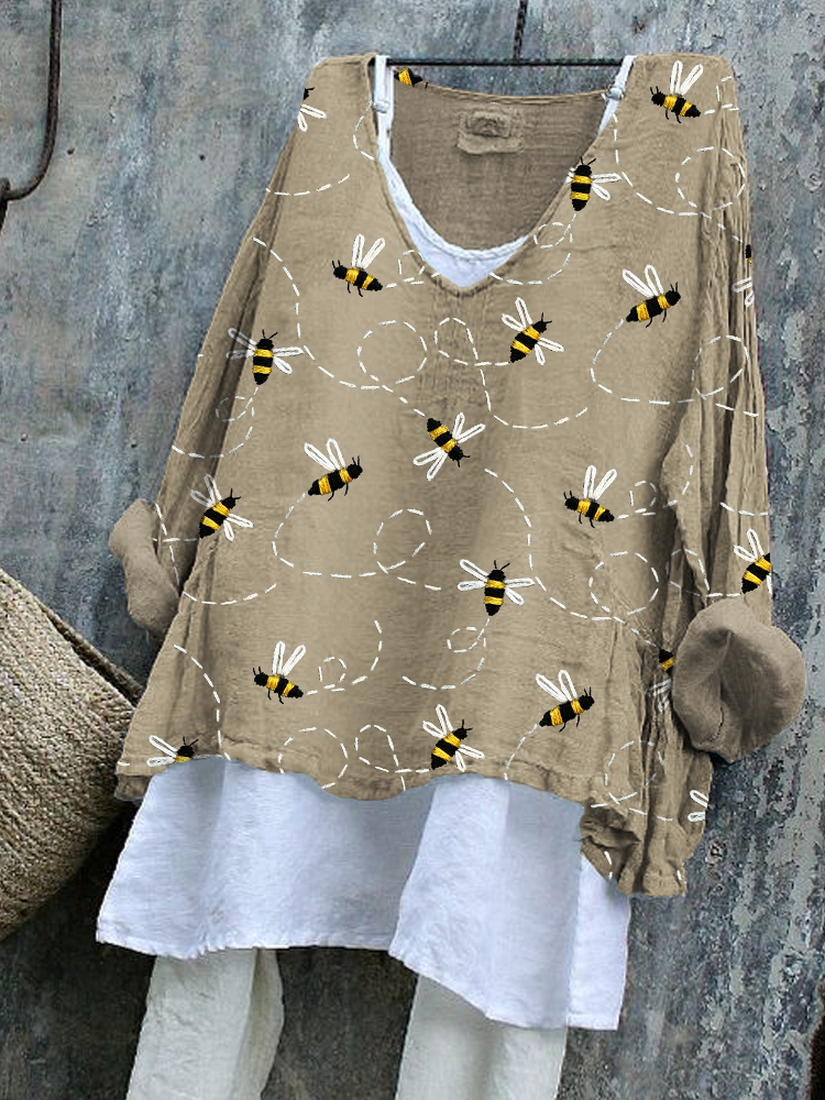 Comstylish Flying Bees Embroidery Pattern Linen Blend Tunic