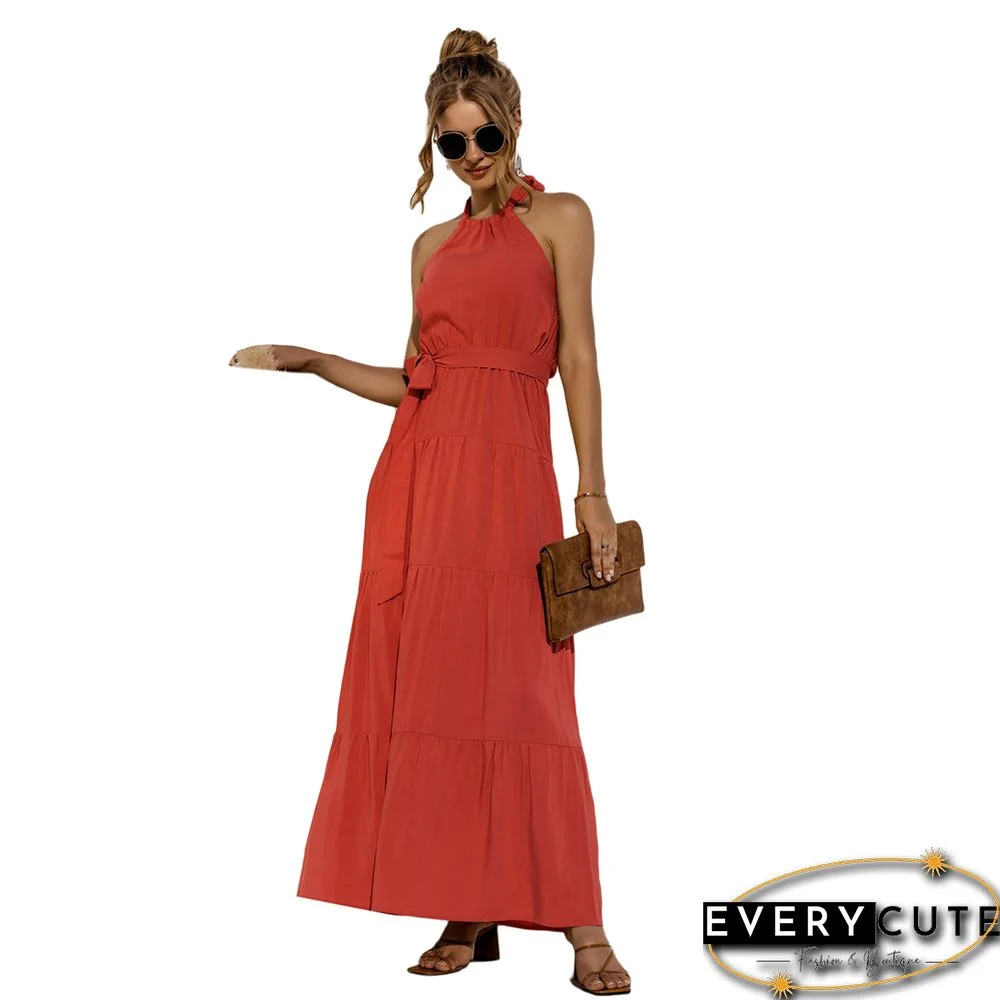 Orange Open Back Tie Waist Halter Maxi Dress