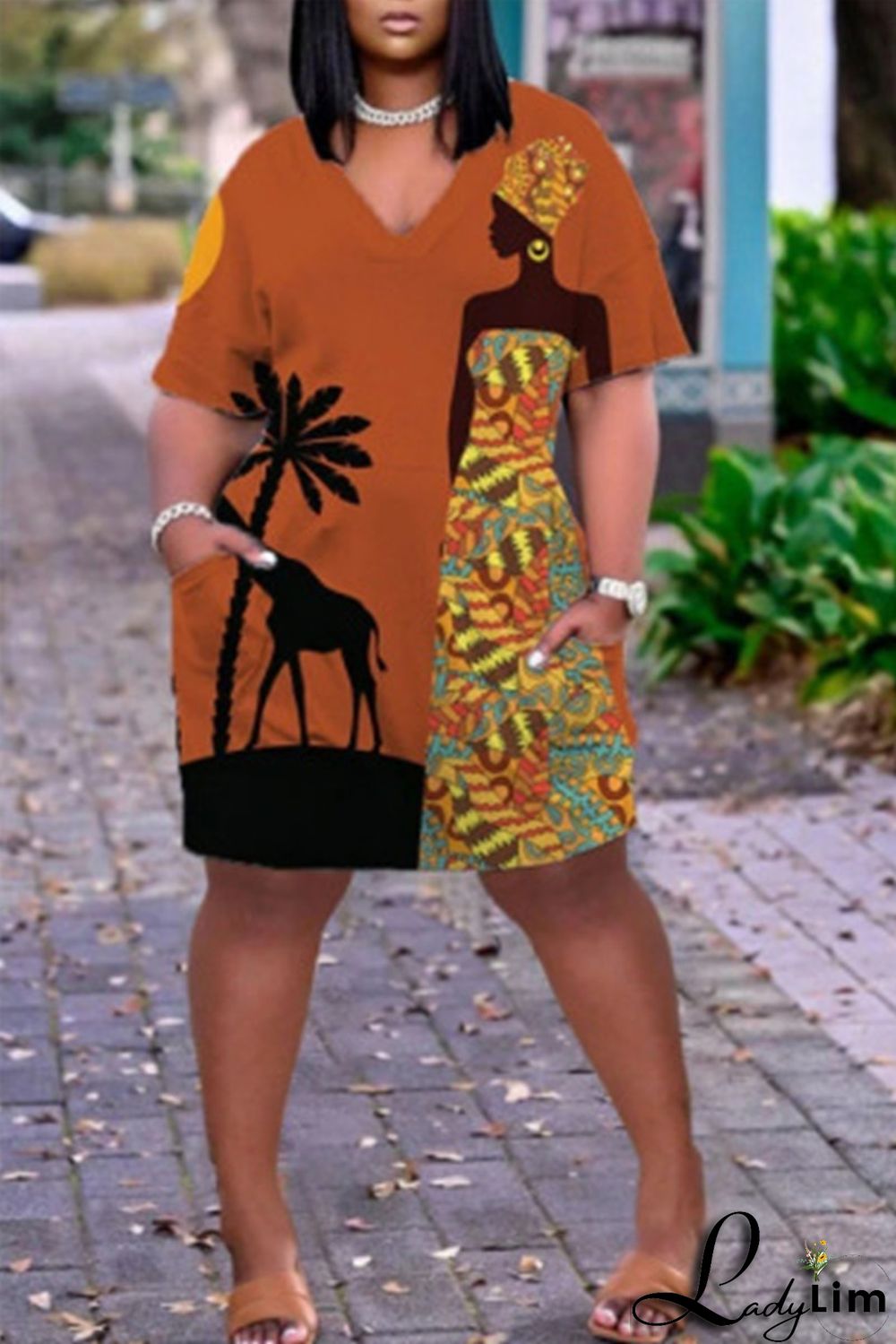 Tangerine Red Fashion Casual Print Basic V Neck Short Sleeve Dress