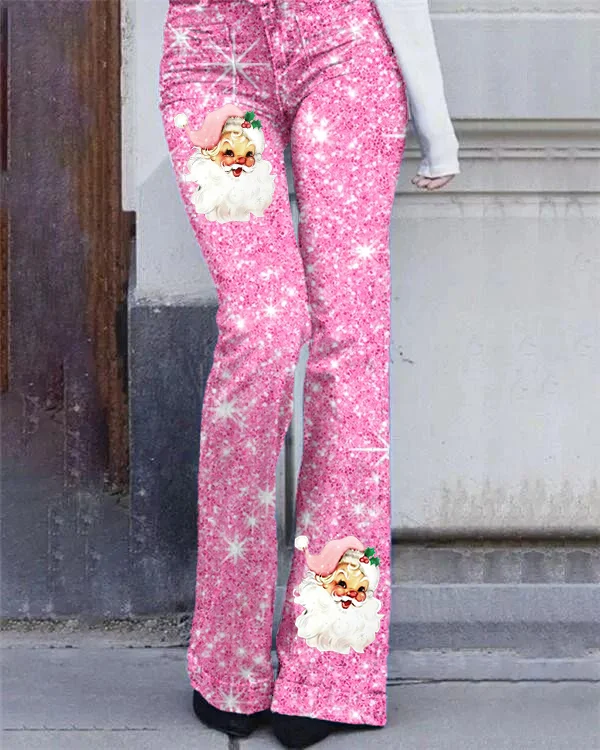 Women's Pink Santa Print Casual Pants-