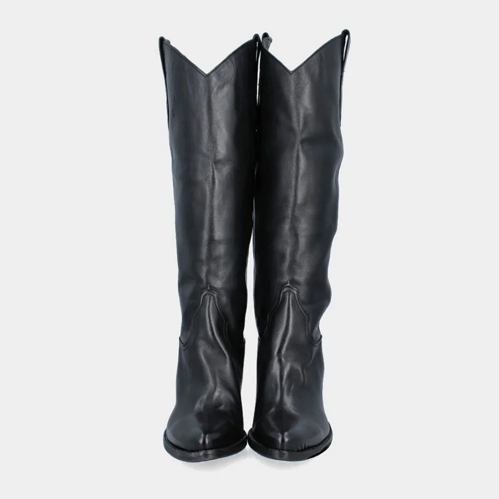 Vegan Leather Mid Block Heel Black Snip Toe Cowboy Boots for Women 